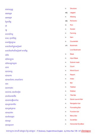 n     Structure
រចនសមrនB
                                                                    adj   Jagged
រគ6តរ6Hត
                                                                    n     Aliasing
រគ6តរ6Hត
                                                                    adj   Romantic
រជ*លច)ត+
                                                                    iv    Run
រត
                                                                    n     Socket
រនB
                                                                    n     Farming
របរ ស) ម
                                                                    n     Item
របស, ម ទន)ញ
                                                                    n     Counterfeit
របសខ ងកយ
                                                                    v/n   Bookmark
របសចណ 7ងគសvវគw

                                                                          Live Bookmark
របសចណគល%គសvវគw ទនច)ត+

                                                                    n     Mask
របង
                                                                    n     Input Mask
របងបញល
     HF
                                                                    n     Subnet mask
របងបណញរង
     +
                                                                    n     Count
របប
                                                                    n     Word Count
របបព (
                                                                    n     Report
របយករ
                                                                    n     Index
របយលដប, រយលដប
                                                                    n     Bar
របរ
                                                                    n     Taskbar
របរករងរ
                                                                    n     Sidebar
របរខង, របរចគហvង
                                                                    n     Title Bar
របរចណងគជ%ង
                                                                    n     Quick Launch Bar
        %
របរចបគ,—មរហ$ស
                                                                    n     Navigation bar
របរកតចរ ខវ Qប
                                                                    n     Formatting Bar
របរកទងកទយ
                                                                    n     Function bar
របរម ងរ
                                                                    n     Menu Bar
របរខមនញវ
                                                                    n     Scroll Bar
របររមHរ
                                                                    n     Horizontal Scrollbar
របររមHរគដ


 វចននក ម អយធ អងគ ស-ខ រ-អងគ ស IT Dictionary English-Khmer-English, by Chhor Ran 135 គ       លដបអតបទ
 