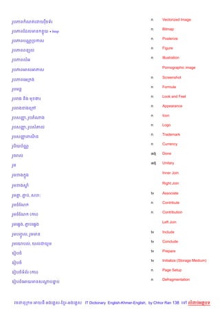 n     Vectorized Image
រHបភព ណតគដយវ )ចទ$រ
                                                                    n     Bitmap
រHបភពខដលមន ន#យ *.bmp
                                                                    n     Posterize
រHបភពបណ• កបកស
                                                                    n     Figure
រHបភពពន(ល
                                                                    n     Illustration
រHបភពលអ

                                                                          Pornographic image
រHបភពអសអភស

                                                                    n     Screenshot
រHបភពគអក ង
                                                                    n     Formula
រHបមន+
                                                                    n     Look and Feel
រHបរង ន)ង ម ងរ
                                                                    n     Appearance
រHបរងខងគកœ
                                                                    n     Icon
រHបសញ, រHបតណង
     š
                                                                    n     Logo
រHបសញ, រHបស‘ល
     š
                                                                    n     Trademark
រHបសញពណជ
     š )
                                                                    n     Currency
រHប)យប$ណ•
                                                                    adj   Done
រ*ចរល
                                                                    adj   Unitary
រ*ម

                                                                          Inner Join
រ*មខង ង
      7

                                                                          Right Join
រ*មខងស—

                                                                    tv    Associate
រ*ម‘, ភប, សហ’
    7  Ž
                                                                    n     Contribute
រ*មចខណ
                                                                    n     Contribution
រ*មចខណ      (ករ)

                                                                          Left Join
រ*មគ6Sង, ភបគ6Sង
          Ž

                                                                    tv    Include
រ*មបញFH ល, រ*មមន
                                                                    tv    Conclude
រ*មគយបល, យលជយ*ម
                                                                    tv    Prepare
គរvបច
                                                                    tv    Initialize (Storage Medium)
គរvបច
                                                                    n     Page Setup
គរvបចទព$រ (ករ)
                                                                    n     Defragmentation
គរvបចគអយមនសណបធប
            — 7




 វចននក ម អយធ អងគ ស-ខ រ-អងគ ស IT Dictionary English-Khmer-English, by Chhor Ran 138 គ      លដបអតបទ
 