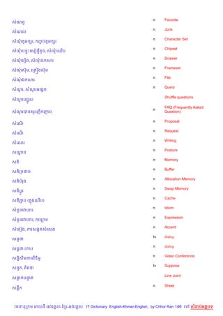 n    Favorite
សណពS
                                                                    n    Junk
សណល
                                                                    n    Character Set
សណត*អ hរ,        ញបត*អ hរ
                  F
                                                                    n    Chipset
សណបន#Pគសv SតHច, សណឈប
                                                                    n    Dossier
សណគរ´ង, សណឯ សរ
                                                                    n    Frameset
សណសuម, គក iងសuម
                                                                    n    File
សណឯ សរ
                                                                    n    Query
សណរ, សណរអគងŒត
  *    *

                                                                         Shuffle questions
សណរបង“Hស
  *

                                                                         FAQ (Frequently Asked
                                                                    n
សណរបនស*រញC ញប
  *                                                                      Question)

                                                                    n    Proposal
សគណ%
                                                                    n    Request
សគណ%
                                                                    n    Writing
សគណរ
                                                                    n    Posture
សណន
  ?
                                                                    n    Memory
សត)
                                                                    n    Buffer
សត)កទនប
                                                                    n    Allocation Memory
សត)បរង
                                                                    n    Swap Memory
សត)បH +រ
                                                                    n    Cache
សត)ភប ( ងឈប)
    Ž   7
                                                                    n    Idiom
សន*នគវ¬រ
                                                                    n    Expression
សន*នគវ¬រ,        គន–ម
                                                                    n    Accent
សគនvង, ករសងŒតសគលង
                                                                    tv   dialog
សន#ន
                                                                    n    dialog
សន#ន (ករ)
                                                                    n    Video Conference
សន7)សទតមវ )ឌអH
                                                                    tv   Suppose
សនត,       )តថ

                                                                         Line Joint
សន បនត
     #

                                                                    n    Sheet
សនC



 វចននក ម អយធ អងគ ស-ខ រ-អងគ ស IT Dictionary English-Khmer-English, by Chhor Ran 146 គ     លដបអតបទ
 