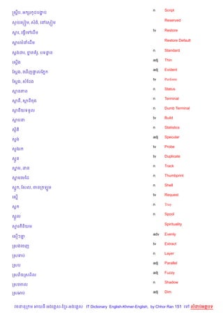 n     Script
សស8ប, អ hរ Hដបងប
               ž

                                                                          Reserved
ស=បគស=˜ម, សង, គRគស=˜ម

                                                                    tv    Restore
សរ, គធS%គ
 —          គដ%ម

                                                                          Restore Default
សរលនគដ%ម
 —

                                                                    n     Standard
ស+ងដរ, ខត រH, បទដន
        7        ?
                                                                    adj   Thin
គស+ង
   %
                                                                    adj   Evident
ខស+ង, គm%ញ†លខភ7
           #
                                                                    tv    Perform
ខស+ង, សខដង
                                                                    n     Status
សនភព
                                                                    n     Terminal
សន, សនចង
                                                                    n     Dumb Terminal
សនយទទ*ល
                                                                    tv    Build
សបន
                                                                    n     Statistics
សត)
 )
                                                                    adj   Specular
ស#ង
                                                                    tv    Probe
ស#ងរ
                                                                    tv    Duplicate
ស#*ន
                                                                    n     Track
សម, ដន
 7
                                                                    n     Thumbprint
សមគមឆដ
 7
                                                                    n     Shell
ស7H , ខសល, ចនក ឡHម
                                                                    tv    Request
គស7%
                                                                    n     Tray
សr
                                                                    n     Spool
សrHល

                                                                          Spirituality
សរតន)យម

                                                                    adv   Evenly
គស%ៗ‘7
                                                                    tv    Extract
កសងគចញ
                                                                    n     Layer
កសទប
                                                                    adj   Parallel
កសប
                                                                    adj   Fuzzy
កសព)ចកសព)ល
                                                                    n     Shadow
កសគមល

កសអប                                                                adj   Dim


 វចននក ម អយធ អងគ ស-ខ រ-អងគ ស IT Dictionary English-Khmer-English, by Chhor Ran 151 គ        លដបអតបទ
 