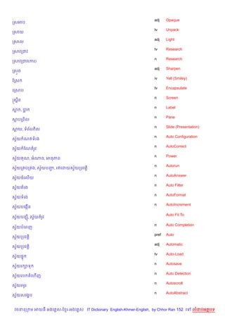 adj    Opaque
កសអប
                                                                    tv     Unpack
កសយ
                                                                    adj    Light
កសល
                                                                    tv     Research
កសវកជវ
                                                                    n      Research
កសវកជវ(ករ)
                                                                    adj    Sharpen
កស•ច
                                                                    iv     Yell (Smiley)
ខកស
                                                                    tv     Encapsulate
គកសប
                                                                    n      Screen
សស8ន
                                                                    n      Label
ស ,ប
                                                                    n      Pane
សបកព)ល
                                                                    n      Slide (Presentation)
សយ, ទព$ររ )ល
                                                                    n      Auto Configuration
សSយ ណតទរង
  $
                                                                    n      AutoCorrect
សSយ ខណតរHវ
  $
                                                                    n      Power
សSយ ណ, អណច, អនភព
  $
                                                                    n      Autorun
សSយក បក ង, សSយបញ, រតគដយសSយកបវត+)
  $          $  Ž        $
                                                                    n      AutoAnswer
សSយចគល%យ
  $
                                                                    n      Auto Filter
សSយតរង
  $
                                                                    n      AutoFormat
សSយទរង
  $
                                                                    n      AutoIncrement
សSយបគងŒ%ន
  $

                                                                           Auto Fit To
សSយបនh, សSយតរHវ
  $       $

                                                                    n      Auto Completion
សSយបគពញ
  $
                                                                    pref   Auto
សSយកបវត+)
  $
                                                                    adj    Automatic
សSយកបវត+)
  $
                                                                    tv     Auto-Load
សSយ,#
  $
                                                                    n      Autosave
សSយរ –ទ
  $
                                                                    n      Auto Detection
សSយរប
  $         គហ%ញ
                                                                    n      Autoscroll
សSយរមHរ
  $
                                                                    n      AutoAbstract
សSយសគង•ប
  $


 វចននក ម អយធ អងគ ស-ខ រ-អងគ ស IT Dictionary English-Khmer-English, by Chhor Ran 152 គ        លដបអតបទ
 