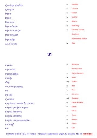 n     AutoMail
សSយសបកត, សSយល) )ត
  $        $
                                                                    n     Autotext
សSយអតបទ
  $
                                                                    tv    Search
ខសSងរ
                                                                    tv    Look for
ខសSងរ
                                                                    n     Search
ខសSងរ   (ករ)
                                                                    n     Searching
ខសSងរ   (ដគណរ)
            %
                                                                    n     Similarity Search
ខសSងរ   ភពកសគដvង

                                                                          Goal Seek
ខសSងរ គ‘លគ·

                                                                          Incrementally Search
ខសSងរ បខនម

                                                                    tv    Hate
ស“ប, ម)នចHលច)ត+




                                              ហ

                                                                    n     Signature
ហតគលខ

                                                                          Raw signature
ហតគលខគ¾

                                                                    n     Digital Signature
ហតគលខឌជ<ល
                                                                    tv    Learn
¬តគរvន
                                                                    adj   Violent
ហCង–
                                                                    n     Hub
ហ‡ប, ឧប រកបជបណញ
              +
                                                                    tv    Pass
ហច
                                                                    n     Extrusion
ហHត (ករ)
                                                                    adj   Outdated
ហ*សសម$យ
                                                                    n     Cause & Effects
គហត ន)ង ,ល (គហតគភទ ន)ង គហត,ល)
                                                                    n     Effects
គហត,ល, កបស)ទB)ភព, លទB,ល
                                                                    n     Effects
គហត,ល, ,លឆនគហត
                                                                    n     Cause
គហតគភទ, គភទឆនគហត
                                                                    n     Reason
គហតសម, គហតខដលសមគហត,ល
                                                                    tv    Fly out
គ¬Pគចញព

គ›                                                                  tv    Call


 វចននក ម អយធ អងគ ស-ខ រ-អងគ ស IT Dictionary English-Khmer-English, by Chhor Ran 153 គ      លដបអតបទ
 