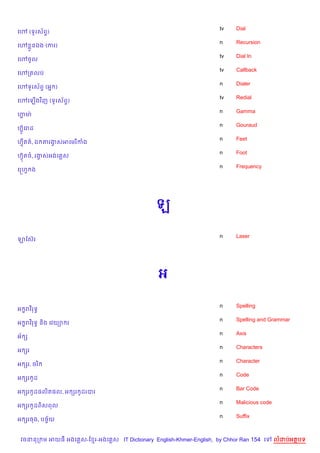 tv   Dial
គ› (ទHរស$ព)
          #
                                                                    n    Recursion
គ› * នឯង (ករ)
                                                                    tv   Dial In
គ›ចHល
                                                                    tv   Callback
គ›កតលប
                                                                    n    Dialer
គ›ទHរស$ព# (អ7 )
                                                                    tv   Redial
គ›គឡ%ងវ )ញ (ទHរស$ព#)
                                                                    n    Gamma
¬មQ
 8
                                                                    n    Gouraud
ហuH គរដ
    8
                                                                    n    Feet
ហºតត…, ឯ តរងសអគមរ )កង
  S         S
                                                                    n    Foot
ហuត<…, រងសអងគ ស
  S      S
                                                                    n    Frequency
គសហS ង




                                              ឡ

                                                                    n    Laser
ឡខសuរ




                                               អ

                                                                    n    Spelling
អ •រវ )រទB
                                                                    n    Spelling and Grammar
អ •រវ )រទB ន)ង គវយ1 រ
                                                                    n    Axis
អ$ h
                                                                    n    Characters
អ hរ
                                                                    n    Character
អ hរ, ចរ )
                                                                    n    Code
អ hរ Hដ
                                                                    n    Bar Code
អ hរ Hដ,ល)ត,ល, អ hរ ដរបរ
                    H
                                                                    n    Malicious code
អ hរ Hដព)សពល
                                                                    n    Suffix
អ hរចង, បចF$យ


 វចននក ម អយធ អងគ ស-ខ រ-អងគ ស IT Dictionary English-Khmer-English, by Chhor Ran 154 គ      លដបអតបទ
 