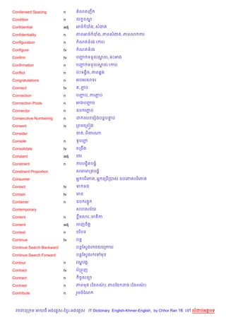 Condensed Spacing          n      3តញC

Condition                  n     ល • ណ|

Confidential               adj   អ<… បង, សងត

Confidentiality            n     ភពអ<… បង, ភពសងត, ភព3 ករ

Configuration              n      ណតទរង (ករ)

Configure                  tv     ណតទរង

Confirm                    tv    បញ ទទ*លសល, អPអង
                                   Ž     8

Confirmation               n     បញ ទទ*លសល (ករ)
                                   Ž     8

Conflict                   n     បQPទង8)ច, ភព68ង

Congratulations            n     អបអរសទរ

Connect                    tv    ត, ភប
                                     Ž

Connection                 n     បញប, ករភប
                                   Ž     Ž

Connection Pools           n     អងបញប
                                     Ž

Connector                  n     ឧប រភប
                                      Ž

Consecutive Numbering      n     ដ គល គរvងបន+បនប
                                               #

Consent                    iv    កពមគកព˜ង

Consider                         ចត, ព)ចរណ

Console                    n     ទHបញŽ

Consolidate                tv    ពកងCង

Constant                   adj   គ<រ

Constraint                 n     ករបង•)តបង•

Constraint Proportion            សមមកតបង•

Consumer                         អ7 បរ )គភ , អ7 គកប%កបស ឧបគភ បរ )គភ

Contact                    tv    ទ ទង

Contain                    tv    មន

Container                  n     ឧប រ,#

Contemporary                     សហសម$យ

Content                    n      Cមសរ, មត)ក

Content                    adj   គពញច)ត+

Context                    n     បរ )បទ

Continue                   tv    បន+

Continue Search Backward         បន+ខសSងរ <យគកកយ

Continue Search Forward          បន+ខសSងរ គ   ម

Contour                    n     វណវងŒ
                                   |

Contract                   tv    បកព•ញ

Contract                   n      )ចFសន1

Contrast                   n     ភពមត (ឆនពណ), ភពខច ដច (ឆនពណ)
                                           /               /

Contribute                 n     រ*មចខណ



  វចននក ម អយធ អងគ ស-ខ រ-អងគ ស IT Dictionary English-Khmer-English, by Chhor Ran 16 គ   លដបអតបទ
 