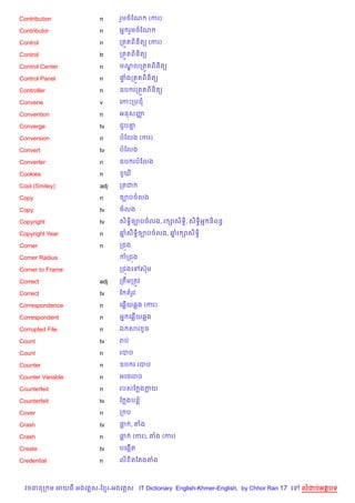 Contribution            n      រ*មចខណ       (ករ)

Contributor             n      អ7 រ*មចខណ

Control                 n      កត•តព)ន)ត( (ករ)

Control                 tr     កត•តព)ន)ត(

Control Center          n      មណលកត•តព)ន)ត(
                                 |

Control Panel           n      †ងកត•តព)ន)ត(
                                #

Controller              n      ឧប រកត•តព)ន)ត(

Convene                 v      គកPកបជ

Convention              n      អនសញš

Converge                tv     ជ*ប‘7

Conversion              n      បខលង (ករ)

Convert                 tv     បខលង

Converter               n      ឧប របខលង

Cookies                 n       Hm

Cool (Smiley)           adj    កតជ

Copy                    n      ច¡បចលង

Copy                    tv     ចលង

Copyright               tv     ស)ទB)ច¡បចលង, រ –ស)ទB), ស)ទB)អ7 ន)ពនB

Copyright Year          n      ឆស)ទB)ច¡បចលង, ឆរ –ស)ទB)
                                7             7

Corner                  n      កជ¨ង

Corner Radius                  កកជ¨ង

Corner to Frame                កជ¨ងគ      សuម

Correct                 adj    កតCមកតqវ

Correct                 tv     ខ តរHវ

Correspondence          n      គ6%យ6ង (ករ)

Correspondent           n      អ7 គ6%យ6ង

Corrupted File          n      ឯ សរ Hច

Count                   tv     រប

Count                   n      របប

Counter                 n      ឧប រ របប

Counter Variable        n      អគ<ររប

Counterfeit             n      របសខ ងកយ

Counterfeit             tv     ខ ងបន

Cover                   n      ក ប

Crash                   tv     ធ , ‘ង

Crash                   n      ធ      (ករ), ‘ង (ករ)

Create                  tv     បគងŒ%ត

Credential              n      ល) )តខតងតង



  វចននក ម អយធ អងគ ស-ខ រ-អងគ ស IT Dictionary English-Khmer-English, by Chhor Ran 17 គ   លដបអតបទ
 