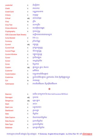 credential                   n     ជគន´ជ

Credit                       n     ឥណទន

Credit Card                  n     បណ• ឥណទន

Criteria                     n     ល •ណ|

Critical                     adj   សខនប,ត

Crop                         tv    កចCប

Crop Tool                    n     ឧប រកចCប

Cross-reference              n     គសច —គយង6ង

Cryptography                 n      Hដសសស+

CSS (Cascade Style Sheets)         សនC រចនប<គដយល¡

Curly Bracket                n     រQ ត ({})

Currency                     n     រHប)យប$ណ•

Current                      adj   បចFបGន7

Current Cell                 n     ក ឡបចFបGន7

Current Page                 n     ទព$របចFបGន7

Current Window               n     បង“*ចបចFបGន7

Cursor                       n     កទន)ចចង“ល

Cursor                       n     ទសhន…កទន)ច

Curve                        n     ខ hគកង

Custom                       adj   †ល * ន, ធប, ទ3ប
                                    #

Customer                     n     អត)<)ជន

Customization                n     បណរតមជគរ %ស†ល
                                     H+        #

Customize                    tv    ប+*រតមជគរ %ស†ល, ប+*រតមបQង, បបQង តរHវច)ត+†ល * ន
                                                #                           #

Cut                          tv    កតគចញ

Cyberspace                   n     វលអ)នគរ %ខណត, ទកបជអ)នគរ %ខណត


                                                      D

Daemon                       n     គដមCន (ព (កត ឆន Disk And Execution MONitor)

Damaged                      adj    Hចខត

Dangerous                    adj   គក‘Pថ7

Dash                         n     ដចៗ

Dash Line                    n     បនតដចៗ
                                     #

Dashboard                    n     ករបញ
                                    +  Ž

Data                         n     ទ)ន7ន$យ

Data Capture                 n     ចណបយ ទ)ន7ន$យ

Data Source                  n     កបភពទ)ន7ន$យ

Data Type                    n     កបគភទទ)ន7ន$យ

Database                     n     មHលដនទ)ន7ន$យ
                                       ?


  វចននក ម អយធ អងគ ស-ខ រ-អងគ ស IT Dictionary English-Khmer-English, by Chhor Ran 18 គ   លដបអតបទ
 
