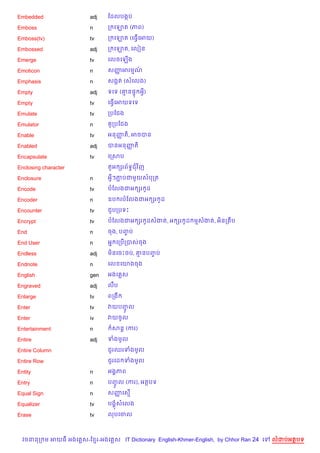 Embedded                adj    ខដលបងŒប

Emboss                  n      ក គឡត (ភព)

Emboss(tv)              tv     ក គឡត (គធS%គអយ)

Embossed                adj    ក គឡត, គលvន

Emerge                  tv     គលចគឡ%ង

Emoticon                n      សញអរមណ
                                 š   …

Emphasis                n      សងŒត (សគលង)

Empty                   adj    ទគទ (‘ន,# អS)

Empty                   tv     គធS%គអយទគទ

Emulate                 tv     កបខជង

Emulator                n       Hកបខជង

Enable                  tv     អនញត), អចបន
                                  š

Enabled                 adj    បនអនញត)
                                    š

Encapsulate             tv     គកសប

Enclosing character            ត*អ hរព$ទBជវ )ញ

Enclosure               n      អSៗភបជម*យសបកត
                                   Ž

Encode                  tv     បខលងជអ hរ Hដ

Encoder                 n      ឧប របខលងជអ hរ Hដ

Encounter               tv     ជ*បកបទP

Encrypt                 tv     បខលងជអ hរ Hដសងត, អ hរ ដ មសងត, អ)នក ប
                                                     H

End                     n      ចង, បញប
                                     F

End User                n      អ7 គកប%កបសចង

Endless                 adj    ម)នគចPចប, ‘នបញប
                                             F

Endnote                 n      គល គយងចង

English                 gen    អងគ ស

Engraved                adj    លCប

Enlarge                 tv     ពកង

Enter                   tv     វយបញល
                                   HF
Enter                   iv     វយចHល

Entertainment           n       សន+ (ករ)

Entire                  adj    ទងមHល

Entire Column                  ជ*រឈរទងមHល

Entire Row                     ជ*រគដ ទងមHល

Entity                  n      អង8ភព

Entry                   n      បញល (ករ), អតបទ
                                 HF
Equal Sign              n      សញគស%
                                 š

Equalizer               tv     បង8សគលង

Erase                   tv     លបគចល



  វចននក ម អយធ អងគ ស-ខ រ-អងគ ស IT Dictionary English-Khmer-English, by Chhor Ran 24 គ   លដបអតបទ
 