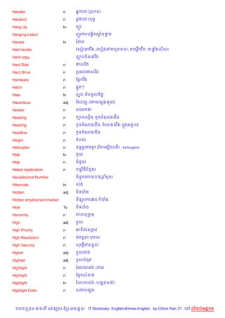 Handler                    n     អ7 គដPកសយ

Handout                    n     បងគបPពមr

Hang Up                    tv    ព(*រ

Hanging Indent                   ព(*រករបង•)តសបនត
                                             + #

Harass                     tv    រខន

Hard books                       គសvវគwរ Cង, គសvវគwជក ដស, ជសC រ Cត, ជ†ងស)3
                                                                      #

Hard copy                        ច¡បចលងរ Cង

Hard Disk                  n     ថសរ Cង

Hard Drive                 n     កបអបថសរ Cង

Hardware                   n     ខ,7 រ Cង

Hatch                      n     67Hតៗ

Hate                       tv    ស“ប, ម)នចHលច)ត+

Hazardous                  adj   ឆចដន(, គដយ,hងគកពង

Header                     n     បឋម ថ

Heading                    n      ¡លគរ´ង,     Hនចណងគជ%ង

Heading                    n      Hនចណងគជ%ង, ចណងគជ%ង       7ងអតបទ

Headline                   n      Hនចណងគជ%ង

Height                     n       ពស

Helicopter                 n     ឧទ4មគចក: (ហ>ល@ABខបថFរ : helicopter)
                                     6
Help                       tv    ជ*យ

Help                       n     ជន*យ

Helper Application         n      មវ )ធជន*យ

Hexadecimal Number               ចន*នគ‘លដបកបម*យ

Hibernate                  tv    សង

Hidden                     adj   ប)ទបង

Hidden employment market         ទ,–រករងរ      បង

Hide                       Tv    ប)ទបង

Hierarchy                  n     ឋននក ម

High                       adj    rស

High Priority              n     អទ)ភព rស

High Resolution            n     មQត rស (ភព)

High Security              n     សវត)ភព rស

Higher                     adj    rសជង

Highest                    adj    rសប,ត

Highlight                  n     រគលចពណ (ករ)
                                       /

Highlight                  n     ខ,7 សខន

Highlight                  tv    រគលចពណ, បគនចពណ
                                       /       /

Highlight Color            n     ពណបគនច
                                   /



  វចននក ម អយធ អងគ ស-ខ រ-អងគ ស IT Dictionary English-Khmer-English, by Chhor Ran 31 គ   លដបអតបទ
 