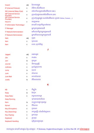 Inward                        adj   ខបQ ខង 7ង

IP (Internet Protocol)        n     ព)ធករ អ)នគរ %ខណត

IRC (Internet Relay Chat)     n     ជខជ      សន+តមអ)នគរ %ខណត (IRC)
ISP (Internet Service               ក ¨មហuន,—លគសវអ)នគរ %ខណត (ISP)
                              n
Provider)
ISP (Internet Service               ក ¨មហuន,8ត,8ង គសវអ)នគរ %ខណត (ដHចជ Online, Camnet, ...)
                              n
Provider)
Issue to                      v     គចញគអយ

IT (Information Technology)         អយធ (បគចF វ )ទ1ពត/មន)

IT Manager                          អ7 ក បក ងអយធ

IT Network Administration           អភ)បល )ចFបណញអយធ
                                               +

IT Network Administrator            អ7 អភ)បលបណញអយធ
                                              +

Italic                        adj   គកទត

Item                          n     ម របស

Item                          n     របស, ម ទន)ញ


                                                        J

Jagged                        adj   រគ6តរ6Hត

Job                           n     ករងរ

Join                          tv    ចHលរ*ម

Journal                       n     ទ)ននបGវត+)

Judiciary                     n     កបព$នBត3ករ

Jump                          iv    គ3ត

Junk                          n     សណល

Junk Mail                     n     សរសណល

Justify                       tv    តរ Cមសងខង


                                                        K

KB                            n      ឡHឆប

Keep                          tv    ខ<ទ

Keep Ratio                    n     រ –សមមកត

Keep Running                        ទ គអយរតដខដល

Kern                          tv    សកម•លចគនPត*អ hរ

Kernel                        n      ‡ខណល

Key (Encryption)              n      Hនគស

Key (Searching)               n     ព ( នCP (ដគណរខសSងរ )
                                                %

Key (Typing)                  n     ក‘បចច

Keyboard                      n     ករចច
                                     —

Keyboard Handling                   គកប%កបសករចច
                                            —




  វចននក ម អយធ អងគ ស-ខ រ-អងគ ស IT Dictionary English-Khmer-English, by Chhor Ran 36 គ         លដបអតបទ
 
