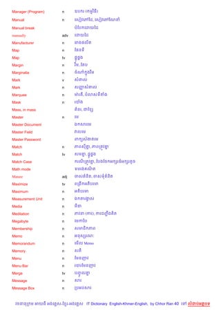 Manager (Program)      n      ឧប រ ( មវ )ធ)

Manual                 n      គសvវគwឆដ, គសvវគwខណន

Manual break                  បខប គដយឆដ

manually               adv    គដយឆដ

Manufacturer           n      គរង,ល)ត

Map                    n      ខ,នទ

Map                    tv     ,8H,8ង

Margin                 n      រ Cម, ខ ប

Marginalia             n      ចណ 7ងរ Cម

Mark                   v      ស‘ល

Mark                   n      សញស‘ល
                                š

Marquee                n      មQ រ , ប3សទតង

Mask                   n      របង

Mass, in mass                   នរ, ជខ h

Master                 n      គម

Master Document               ឯ សរគម

Master Field                  វលគម

Master Password               ព (សងតគម

Match                  n      ភពស‘, ភពកតqវ‘
                                  7        7

Match                  tv     សម‘, ,8H,8ង
                                 7

Match Case                     រណកតqវ‘, ខបងខច អ hរធអ hរតHច
                                      7

Math mode                     ទមរង ណត
                                    )

Mature                 adj    ចស ន)ត, ចសទ ន)ត

Maximize               tv     ពកង អត)បរម

Maximum                n      អត)បរម

Measurement Unit       n      ឯ តរងស
                                   S

Media                  n      ម‹

Meditation             n      ភវន (ករ), ករជញង )ត
                                            ŽC

Megabyte               n      គមកឆប

Membership             n      សមជ) ភព

Memo                   n      អនសhរណ’

Memorandum             n      គម%ល Memo

Memory                 n      សត)

Menu                   n      ខមនញវ

Menu Bar               n      របរខមនញវ

Merge                  tv     បញល‘
                                HF 7

Message                n      សរ

Message Box            n      កបអបសរ



 វចននក ម អយធ អងគ ស-ខ រ-អងគ ស IT Dictionary English-Khmer-English, by Chhor Ran 40 គ   លដបអតបទ
 