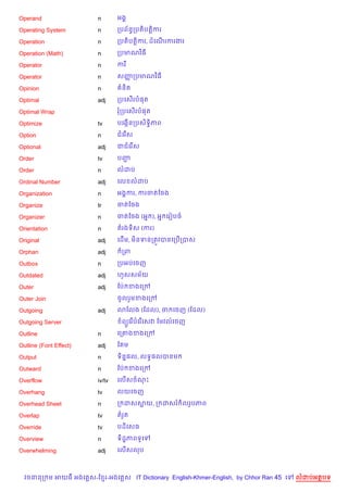Operand                 n       អង8

Operating System        n       កបព$នBកបត)បត+)ករ

Operation               n       កបត)បត+)ករ, ដគណរករងរ
                                               %

Operation (Math)        n       កបមណវ)ធ

Operator                n       ករ

Operator                n       សញកបមណវ )ធ
                                  š

Opinion                 n        ន)ត

Optimal                 adj     កបគស%រប,ត

Optimal Wrap                    រកបគស%រប,ត

Optimize                tv      បគងŒ%នកបស)ទB)ភព

Option                  n       ជគរ %ស

Optional                adj     ជជគរ %ស

Order                   tv      បញŽ

Order                   n       លដប

Ordinal Number          adj     គល លដប

Organization            n       អង8ករ, ករចតខចង

Organize                tr      ចតខចង

Organizer               n       ចតខចង (អ7 ), អ7 គរvបច

Orientation             n       តរងទ)ស (ករ)

Original                adj     គដ%ម, ម)នទនកតqវបនគកប%កបស

Orphan                  adj      កព

Outbox                  n       កបអបគចញ

Outdated                adj     ហ*សសម$យ

Outer                   adj     ខបQ ខងគកœ

Outer Join                      ចHលរ*មខងគកœ

Outgoing                adj     3ខលង (ខដល), ច គចញ (ខដល)

Outgoing Server                  ព(Hគរ %បគរ %គសវ ខមវល…គចញ

Outline                 n       គក‘ងខងគកœ

Outline (Font Effect)   adj     ខ ម

Output                  n       ទ)ន7,ល, លទB,លបនម

Outward                 n       ខបQ ខងគកœ

Overflow                iv/tv   គល%សចណP

Overhang                tv      លយគចញ

Overhead Sheet          n       ក ដសសយ, ក ដសរ )លរHបភព

Overlap                 tv      តរ*ត

Override                tv      បដ)គសធ

Overview                n       ទ)ដ?ភពទHគ

Overwhelming            adj     គល%សលប



  វចននក ម អយធ អងគ ស-ខ រ-អងគ ស IT Dictionary English-Khmer-English, by Chhor Ran 45 គ   លដបអតបទ
 