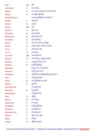 Real                    adj    ព)ត

Real Estate             n      អចលនវត

Reason                  n      គហតសម, គហតខដលសមគហត,ល

Reboot                  tv     ចបគ,—មគឡ%ងវ )ញ
                                   %

Recalculate Hard                 ណនគឡ%ងវ )ញ គដយលប

Receipt                 n      បងនឆដ
                                 Œ

Receive                 tv     ទទ*ល

Recent                  adj    <ៗ

Recipient               n      អ7 ទទ*ល

Recognize               tv     ទទ*លសល
                                    8

Recommend               tv     ,—លអនសសន…

Reconnect               tv     ភបគឡ%ងវ )ញ
                                Ž

Record                  n      <តទ        (សគលង ឬ វ )ឌអH)

Record                  tv     <តទ (ម‹),          តទ ,   តកត

Record                  n      <តចលង (ករ)

Record                  tv     <តចលង

Recordable              adj    អច<តចលង

Recover                 tv     យ ម វ )ញ, សគសងPម វ )ញ
                                             8

Recovery                n      សគសងPម វ )ញ (ករ)
                                   8

Recreate                tv     បគងŒ%តគឡ%ងវ )ញ

Recreation                     វ )សhមកល, គពលសរ

Recursion               n      គ› * នឯង (ករ)

Recycle Bin             n      ជកង¨ ឆនរបសគកប%គឡ%ងវ )ញ, ធងសរម

Redeye                  n      សញគក‘Pថ
                                 š    7

Redial                  tv     គ›គឡ%ងវ )ញ (ទHរស$ព)
                                                 #

Redirect                tv     ប—Hរទ)ស

Redirected from                បនប+Hរទ)សព

Redirection             tv     បណរទ)ស
                                 H+
redirects page                 ទព$រប+Hរទ)សគទS

Redo                    tv     គធS%វ )ញ

Reduce                  tv     កតបនយ

Redundancy              n      ភពស#*ន

Reestablish             tv     បគងŒ%តគឡ%ងវ )ញ

Reference               n      គសច —គយង

Reference Point         n      ចណចគយង

Referral                n      គ,#រ (ករ), បគន#រ

Refine                  tv     ចរញ

Refresh                 tv     គធS%គអយកសស



  វចននក ម អយធ អងគ ស-ខ រ-អងគ ស IT Dictionary English-Khmer-English, by Chhor Ran 52 គ   លដបអតបទ
 