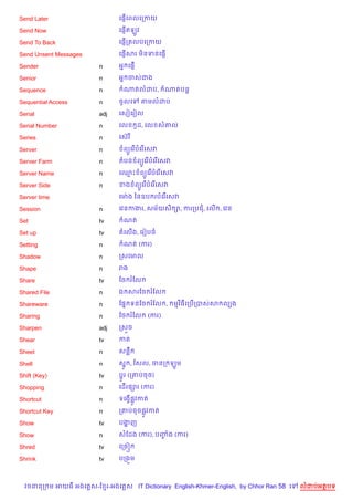 Send Later                     គ,±%គពលគកកយ

Send Now                          %
                               គ,±ឥឡHវ

Send To Back                   គ,±%កតលបគកកយ

Send Unsent Messages           គ,±%សរ ម)នទនគ,±%

Sender                  n      អ7 គ,±%

Senior                  n      អ7 ចសជង

Sequence                n       ណតលដប,            ណតបន+

Sequential Access       n      ចHលគ      តមលដប

Serial                  adj    គសvគរvល

Serial Number           n      គល        Hដ, គល ស‘ល

Series                  n      គសuរ

Server                  n       ព(Hគរ %បគរ %គសវ

Server Farm             n      តបន ព(Hគរ %បគរ %គសវ

Server Name             n      គ•P ព(Hគរ %បគរ %គសវ

Server Side             n      ខង ព(Hគរ %បគរ %គសវ

Server time                    គមQ ង ឆនឧប របគរ %គសវ

Session                 n      គវនកងរ, សម$យស) –, ករកបជ, គល% , គវន

Set                     tv      ណត

Set up                  tv     តគល%ង, គរvបច

Setting                 n       ណត (ករ)

Shadow                  n      កសគមល

Shape                   n      រង

Share                   tv     ខច រខល

Shared File             n      ឯ សរខច រខល

Shareware               n      ខ,7 ទនខច រខល ,        មវ )ធគកប%កបសស លGង

Sharing                 n      ខច រខល      (ករ)

Sharpen                 adj    កស•ច

Shear                   tv     កត

Sheet                   n      សនC

Shell                   n      ស7H , ខសល, ចនក ឡHម

Shift (Key)             tv     ប—Hរ (ក‘បចច)

Shopping                n      គដ%រ,–រ (ករ)

Shortcut                n      ទគងS%,H វកត

Shortcut Key            n      ក‘បចច,Hវកត

Show                    tv     បងញ
                                 ž

Show                    n      សខដង (ករ), បញង (ករ)
                                            F

Shred                   tv     គកច˜

Shrink                  tv     បកង•ម



  វចននក ម អយធ អងគ ស-ខ រ-អងគ ស IT Dictionary English-Khmer-English, by Chhor Ran 58 គ   លដបអតបទ
 