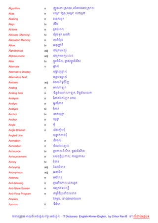 Algorithm               n       G*នគដPកសយ, លដបគដPកសយ

Alias                   n     គ•Pខ ង, គ•P គ›គកœ

Aliasing                n     រគ6តរ6Hត

Align                   tv    តរ Cម

All time                n     ក បគពល

Allocate (Memory)       tv    បរងទ      (សត))

Allocation Memory       n     សត)បរង

Allow                   tv    អនញត)
                                 š

Alphabetical            adj   ជក មអ hរ

Alphanumeric            adj   ជក មអ hរគល

Alter                   tv    ប—Hរជគរ %ស, †សប—Hរជគរ %ស

Alternate               v     ឆស

Alternative Display           បងញឆស
                                ž

Alternative Text              អតបទឆស

Ambient                 adj   ខដលព$ទBជវ )ញ

Analog                  n     អណឡ

Analog data             n     ទ)ន7ន$យអណឡ , ទ)ន7ន$យរល

Analysis                n     វ )ភ ខវ ខញ        (ករ)

Analyst                 n     អ7 វ )ភ

Analyze                 tv    វ )ភ

Anchor                  tv    ដ យថŒ

Anchor                  n     យថŒ

Angle                   n     ម

Angle Bracket           n     ដងគ vបម

Angled Line                   បនតកចម
                                #

Animation               n     ជវចល

Annotation              n     ចណរពន(ល

Announce                tv    កបកសដណង, ,+លដណង
                                    C       C

Announcement            n     គសច —កបកស, ករកបកស

Annoy                   tv    រខន

Annoying                adj   ខដលរខន

Anonymous               adj   អនម)

Antenna                 n     អងខតន

Anti-Aliasing           n     កបឆងភពរគ6តរ6Hត

Anti-Glare Screen       n     គអក ងទបពន‡

Anti-Virus Program      n       មវ )ធកបឆងគមគរ

Anyway                        ខតម+ង, គទPជយQ ងណ

Aperture                n     ទចហ



  វចននក ម អយធ អងគ ស-ខ រ-អងគ ស IT Dictionary English-Khmer-English, by Chhor Ran 6 គ   លដបអតបទ
 