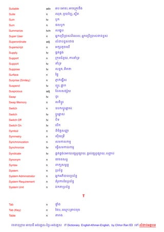 Suitable               adv    6ប (អច), អចកតqវនCង

Suite                  n      ឈត, ម*យខ h, សSត

Sum                    tv     បH

Sum                    n      ,លបH

Summarize              tv/n   សគង•ប

Super User             n      អ7 គកប%កបសព)គសស, អ7 គកប%កបសជន rស

Superordinate          adj    លដប rសជង

Superscript            n      អ hរតHចគល%

Supply                 tv     ,8ត,8ង

Support                n      ក ¨មជន*យ, ករ‘កទ

Support                tv     ‘កទ

Suppose                tv     សនត,       )តថ

Surface                n      ឆ,#

Surprise (Smiley)      n       ±  %
                              ភ គ,“ល

Suspend                tv     ព(*រ, †“

Suspicious             adj    ខដលសងh$យ

Swap                   tv     ដHរ

Swap Memory            n      សត)បH រ
                                    +

Switch                 n      ឧប រប+Hរឆស

Switch                 tv     ប—Hរឆស

Switch Off             tv     ប)ទ

Switch On              tv     គប%

Symbol                 n      ន)ម)ត+សញš

Symmetry               n      សគមកទ

Synchronization        n      សមកល ម

Synchronize            tv     គធS%សមកល ម

Syndicate              tv     ,8ត,8ង(គអយ),hពS,–យ, ,+ល,hពS,–យ, បញប
                                                                Ž

Synonym                n      គវវចនសព#

Syntax                 n      ព (សមrនB

System                 n      កបព$នB

System Administrator   n      អ7 អភ)បលកបព$នB

System Requirement     n      តរHវករឆនកបព$នB

System Unit            n      ឯ តកបព$នB


                                                   T

Tab                    n      †ង
                               #

Tab (Key)              n      ឆ<ប, គ•Pក‘បចច

Table                  n      តរង


 វចននក ម អយធ អងគ ស-ខ រ-អងគ ស IT Dictionary English-Khmer-English, by Chhor Ran 63 គ   លដបអតបទ
 