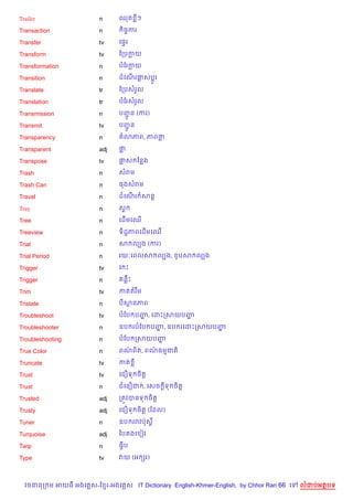 Trailer                 n      ឈត ៗ

Transaction             n        )ចFករ

Transfer                tv     គ,#រ

Transform               tv     ខកបកយ

Transformation          n      បខរកយ

Transition              n      ដគណរ†សប—Hរ
                                  %

Translate               tr     ខកបសរ*ល

Translation             tr     បខរសរ*ល

Transmission            n      បញន (ករ)
                                 HŽ
Transmit                tv     បញន
                                 HŽ
Transparency            n      ត3ភព, ភពថ

Transparent             adj    ថ

Transpose               tv     †ស ខនង

Trash                   n      សរម

Trash Can               n      ធងសរម

Travel                  n      ដគណរ សន+
                                  %

Tray                    n      សr

Tree                    n      គដ%មគឈ%

Treeview                n      ទ)ដ?ភពគដ%មគឈ%

Trial                   n      ស លGង (ករ)

Trial Period            n      រយ’គពលស លGង,      *បស លGង

Trigger                 tv     គ P

Trigger                 n        នCP

Trim                    tv     កតតរ Cម

Tristate                n      បសនភព

Troubleshoot            tv     បខប បញ, គដPកសយបញ
                                     ž         ž

Troubleshooter          n      ឧប របខប បញ, ឧប រគដPកសយបញ
                                         ž             ž

Troubleshooting         n      បខប កសយបញž

True Color              n      ពណព)ត, ពណធមជត)
                                 /      /

Truncate                tv     កត

Trust                   tv     គជ´ទ ច)ត+

Trust                   n      ជគន´ជ , គសច +ទ ច)ត+

Trusted                 adj    កតqវបនទ ច)ត+

Trusty                  adj    គជ´ទ ច)ត+ (ខដល)

Tuner                   n      ឧប ររវបQស+¯

Turquoise               adj    ឆបតងគ vវ

Twip                    n      ធSប

Type                    tv     វយ (អ hរ)



  វចននក ម អយធ អងគ ស-ខ រ-អងគ ស IT Dictionary English-Khmer-English, by Chhor Ran 66 គ   លដបអតបទ
 