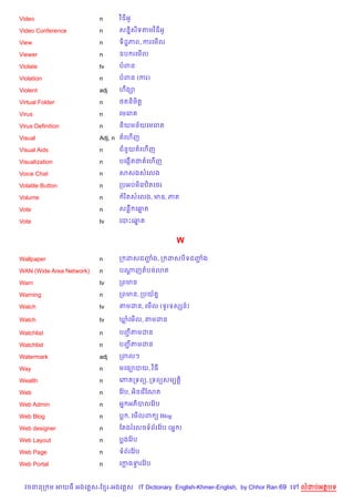 Video                     n        វ )ឌអH

Video Conference          n        សន7)សទតមវ )ឌអH

View                      n        ទ)ដ?ភព, ករគម%ល

Viewer                    n        ឧប រគម%ល

Violate                   tv       បពន

Violation                 n        បពន (ករ)

Violent                   adj      ហCង–

Virtual Folder            n        <តន)ម)ត+

Virus                     n        គមគរ

Virus Definition          n        ន)យមន$យគមគរ

Visual                    Adj, n     គហ%ញ

Visual Aids               n        ជន*យ គហ%ញ

Visualization             n        បគងŒ%តជ គហ%ញ

Voice Chat                n        សសងសគលង

Volatile Button           n        កបអបម)នឋ)តគ<រ

Volume                    n          រ )តសគលង, មឌ, ភ

Vote                      n        សនC គឆត
                                         7

Vote                      tv       គបPគឆត
                                        7


                                                       W

Wallpaper                 n        ក ដសជញង, ក ដសប)ទជញង
                                         Ž           Ž

WAN (Wide Area Network)   n        បណញតបន3ត
                                     —

Warn                      tv       កពមន

Warning                   n        កពមន, កបយ$ត7

Watch                     tv       តមដន, គម%ល (ទHរទសhន…)

Watch                     tv       ឃគម%ល, តមដន

Watchlist                 n        បញតមដន
                                     Ž

Watchlist                 n        បញតមដន
                                     Ž

Watermark                 adj      កពលៗ

Way                       n        មគធ1បយ, វ )ធ

Wealth                    n        គភ កទព(, កទព(សមGត+)

Web                       n        ខវ Qប, អ)នគរ %ខណត

Web Admin                 n        អ7 អភ)បលខវ Qប

Web Blog                  n        ប , គម%លព ( Blog

Web designer              n        ខតងរគលចទព$រខវ Qប (អ7 )

Web Layout                n        បងខវ Qប

Web Page                  n        ទព$រខវ Qប

Web Portal                n        គកងទរខវ Qប
                                       S


  វចននក ម អយធ អងគ ស-ខ រ-អងគ ស IT Dictionary English-Khmer-English, by Chhor Ran 69 គ   លដបអតបទ
 