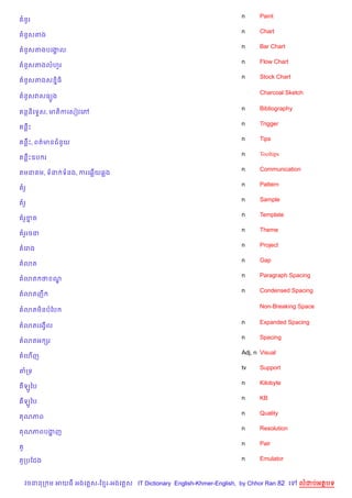 n     Paint
     នHរ
                                                                       n     Chart
     នHសតង
                                                                       n     Bar Chart
     នHសតងបគងល
             8
                                                                       n     Flow Chart
     នHសតងលហHរ
                                                                       n     Stock Chart
     នHសតងសន7)ធ)

                                                                             Charcoal Sketch
     នHសវសធ(Hង

                                                                       n     Bibliography
 នន)គទ#ស, មត)កគសvវគw
                                                                       n     Trigger
 នCP
                                                                       n     Tips
 នCP, ពត/មនជន*យ
                                                                       n     Tooltips
 នCPឧប រ
                                                                       n     Communication
 មន ម, ទន ទនង, ករគ6%យ6ង
                                                                       n     Pattern
     រH
                                                                       n     Sample
     រH
                                                                       n     Template
     រHខត
        7
                                                                       n     Theme
     រHរចន
                                                                       n     Project
     គរង
                                                                       n     Gap
 3ត
                                                                       n     Paragraph Spacing
 3ត ថ ណ|
                                                                       n     Condensed Spacing
 3តញC

                                                                             Non-Breaking Space
 3តម)នបខប

                                                                       n     Expanded Spacing
 3តរគងS%ល
                                                                       n     Spacing
 3តអ hរ
                                                                       Adj, n Visual
     គហ%ញ
                                                                       tv    Support
‘កទ
                                                                       n     Kilobyte
     ឡHឆប
                                                                       n     KB
     ឡHឆប
                                                                       n     Quality
     ណភព
                                                                       n     Resolution
     ណភពបងញ
          ž
                                                                       n     Pair
 H

     Hកបខជង                                                            n     Emulator



     វចននក ម អយធ អងគ ស-ខ រ-អងគ ស IT Dictionary English-Khmer-English, by Chhor Ran 82 គ     លដបអតបទ
 