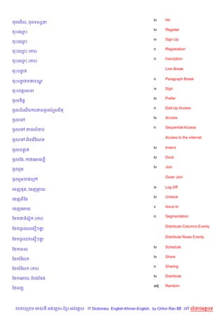 tv    Hit
ចចគម%ល, ចចទសhន
                                                                   tv    Register
ចPគ•P
                                                                   iv    Sign Up
ចPគ•P
                                                                   n     Registration
ចPគ•P (ករ)
                                                                   n     Inscription
ចPគ•P (ករ)

                                                                         Line Break
ចPបនត
    #

                                                                   n     Paragraph Break
ចPបនត ថ ណ
    #    |
                                                                   iv    Sign
ចPហតគលខ
                                                                   tv    Prefer
ចHលច)ត+
                                                                   n     Dial-Up Access
ចHលដគណរករតមទHរស$ព#គល%ត
      %
                                                                   tv    Access
ចHលគ
                                                                   n     Sequential Access
ចHលគ      តមលដប

                                                                         Access to the internet
ចHលគ      អ)នគរ %ខណត

                                                                   tv    Indent
ចHលបនត
     #
                                                                   tv    Dock
ចHលខ,, កតគអយ
                                                                   tv    Join
ចHលរ*ម

                                                                         Outer Join
ចHលរ*មខងគកœ

                                                                   iv    Log Off
គចញ,ត, គចញឆយ
           =
                                                                   tv    Undock
គចញពខ,
                                                                   v     Issue to
គចញគអយ
                                                                   n     Segmentation
ខច ជចគរv      (ករ)

                                                                         Distribute Columns Evenly
ខច ជ*រឈរគស%ៗ‘7

                                                                         Distribute Rows Evenly
ខច ជ*រគដ គស%ៗ‘7

                                                                   tv    Schedule
ខច គពល
                                                                   tv    Share
ខច រខល
                                                                   n     Sharing
ខច រខល      (ករ)
                                                                   tv    Distribute
ខច គអយ, ខបងខចង
                                                                   adj   Random
ឆចដន(




 វចននក ម អយធ អងគ ស-ខ រ-អងគ ស IT Dictionary English-Khmer-English, by Chhor Ran 88 គ     លដបអតបទ
 