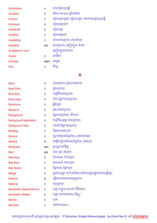 Automation                   n       ភពសSយកបវត+)
                                         $

Autopilot                    n       គម%ល Wizard, សSយតរង
                                                    $

Autorun                      n       សSយក បក ង, សSយបញ, រតគដយសSយកបវត+)
                                       $          $  Ž        $

Autosave                     n       សSយរ –ទ
                                       $

Autoscroll                   n       សSយរមHរ
                                       $

Autotext                     n       សSយអតបទ
                                       $

Availability                 n       ភពមនកសប, ភពទគនរ

Available                    adj     មនកសប, គកត˜ម * ន, ទគនរ

Available for chat                   គកត˜ម * នសសង

Avatar                       n       អគវ %<រ

Average                      adj/n   មធ(ម

Axis                         n       អ$ h


                                                           B

Back                         iv      <យកកយ, កតលបគកកយ

Back Door                    n       ទរគកកយ
                                      S

Back End                     n        មវ )ធខងគកកយ

Back page                    n       ទព$រ ខ,7 ខងគកកយ

Backbone                     n       6“Cង 7ង

Backend                      n       ចង ខងគកកយ

Background                   n       ឆ,#ខងគកកយ, ទជហរ

Background Application       n        មវ )ធអនវត+ ខងគកកយ

Background Task              n       ករងរឆ,#ខងគកកយ

Backlog                      n        )ចFករគRសល

Backup                       n       ច¡បចលងទ)ន7ន$យ, ពត/មនបរង

Backup                       tv      បគងŒ%តច¡បចលងទ)ន7ន$យ, បរងទ

Backward                     adv     កតឡបគ     វ )ញ

Bad                          adj     អន,    Hច, អក

Bad Area                     n       តបនអន, តបន Hច

Bad Disk                     n       ថសអន, ថស Hច

Bad Sector                   n       ខ,7 អន, ខ,7      Hច

Badge                        n       ប សញ (ព គល%អវ ស‘លអ7 កតqវបនអគញŽ ញ)
                                         š                          %

Balance                      tv      គធS%គអយយមនតល(ភព

Balance                      n       តល(ភព

Bandwidth (Digital Device)   n       បន បញន (ឧប រ ឌជ<ល)
                                       #  HŽ
Bandwidth (Radio)            n       បន រល អកស (វ )ទ()
                                       #

Banner                       n       បដ

Banshee                      n       គទវតមរណP



   វចននក ម អយធ អងគ ស-ខ រ-អងគ ស IT Dictionary English-Khmer-English, by Chhor Ran 9 គ   លដបអតបទ
 