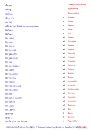 Line Begin (Begin of Line)
គដ%មបនត
      #

                                                                         Begin of Word
គដ%មព (

                                                                         Document Begin
គដ%មឯ សរ

                                                                   n     Shopping
គដ%រ,–រ (ករ)
                                                                   tv    Dismiss
គដញគចញ
                                                                   n     Daemon
គដមCន (ព (កត ឆន Disk And Execution MONitor)
                                                                   n     Range
ខដន ណត
                                                                   n     Limit
ខដន ណត
                                                                   adj   Elapsed
ខដល នងគ
                                                                   adj   Compatible
ខដល6ប‘7
                                                                   adj   Assistive
ខដលជជន*យ
                                                                   adj   Repaired
ខដលជ*សជលរ*ច
                                                                   adj   Restricted
ខដលកតqវបន រ )ត
                                                                   adj   Protected
ខដលកតqវបនករពរ
                                                                   adj   Embedded
ខដលបងŒប
                                                                   adj   Authorized
ខដលបនករអនញត
          š
                                                                   adj   Ambient
ខដលព$ទBជវ )ញ
                                                                   adj   Qualified
ខដលមន ណភព
                                                                   adj   Duplex
ខដលមនពរទ)ស
                                                                   adj   Incompatible
ខដលម)ន6ប‘7
                                                                   adj   Unnamed
ខដលម)នបនដ គ•P
                                                                   adj   Non-Convertible
ខដលម)នអចបខលង
                                                                   adj   Annoying
ខដលរខន
                                                                   adj   Associated
ខដលរ*ម‘, ខដលសហករ
       7
                                                                   adj   Unexpected
ខដលខលងរពCង
                                                                   adj   Suspicious
ខដលសងh$យ
                                                                   adj   Safe
ខដលសវត)ភព
                                                                   tv    Debug
គដP ហស
                                                                   tv    Deselect
គដPជគរ %ស

គដត ន)ង គធS%ករ, គដត ន)ង គលង                                        n     Plug and Play


 វចននក ម អយធ អងគ ស-ខ រ-អងគ ស IT Dictionary English-Khmer-English, by Chhor Ran 96 គ      លដបអតបទ
 