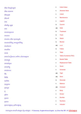 n     Indent Value
តឆល       )តសបនត
             + #
                                                                       n     Absolute Value
តឆល ដចខត
                                                                       n     Literal
តឆលកតង
                                                                       n     Maintenance
តខហទ
                                                                       n     Legend
តង
                                                                       tv    Commit
តងច)ត+, គប+ជ±
                                                                       adj   Solid
តន
                                                                       tv    Trackback
តនដនកតលប
                                                                       tv    Track
តមដន
                                                                       tv    Watch
តមដន, គម%ល (ទHរទសhន…)
                                                                       tv    Monitor
តមដនព)ន)ត(, តមកត•តព)ន)ត(
                                                                       adj   usual
តមទ3ប
                                                                       tv    Follow
តមគម%ល
                                                                       n     Table
តរង
                                                                       n     Table of contents (TOC)
តរង ឆន      Cមសរ, មត)ក, លដបអតបទ
                                                                       n     Nested Table
តរង ង
    7
                                                                       n     Replacement Table
តរងជន*ស
                                                                       n     Score
តរងព)ន#
                                                                       n     Schedule
តរងគពល
                                                                       adj   Tight
តCង
                                                                       adj   Strict
តCងរ Cង
                                                                       tv    Decorate
តបខតង
                                                                       n     Balance
តល(ភព
                                                                       adj   Compact
តHចលម
                                                                       n     Body
ត*
                                                                       n     Divisor
ត*ខច
                                                                       n     Number
ត*គល
                                                                       n     Numbers
ត*គល
                                                                       n     Indicator
ត*គល បងញ, កទន)ចបងញ
       ž         ž



     វចននក ម អយធ អងគ ស-ខ រ-អងគ ស IT Dictionary English-Khmer-English, by Chhor Ran 99 គ     លដបអតបទ
 