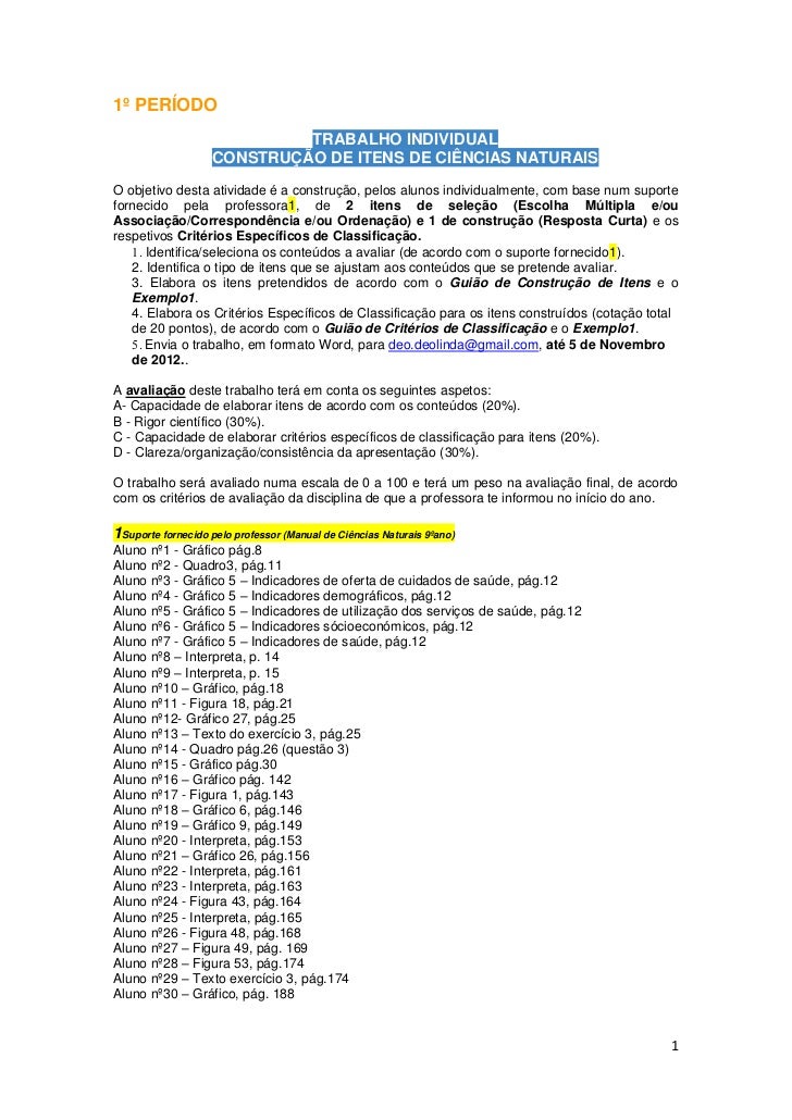 1º PERÍODO                            TRABALHO INDIVIDUAL                   CONSTRUÇÃO DE ITENS DE CIÊNCIAS NATURAISO obje...