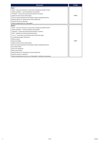 Tech I
. "Kessy" - acesso ao veículo sem o uso da chave e botão para partída do motor
."Piloto automático" - controle automático de velocidade
. "Park pilot" ‐ se sores de estacio a e to dia teiros e traseiros
. Espelho retrovisor interno eletrocrômico
. Farol com ajuste automático de intensidade e função coming/leaving home
. Rodas de liga leve 16" Design Nick com pneus 205/55 R16
. Sensores de chuva e crepuscular
. Volante multifuncional com "shift paddles"
Tech II
. "Kessy" - acesso ao veículo sem o uso da chave e botão para partída do motor
."Piloto automático" - controle automático de velocidade
. "Park pilot" ‐ se sores de estacio a e to dia teiros e traseiros
. "RKA" ‐ I dicador de co trole da pressão dos p eus
. s.a.v.e. ‐ porta‐ alas co siste a de ajuste variável de espaço
. Ar‐co dicio ado digital Cli atro ic
. Câmera traseira
. Detector de fadiga
. Espelho retrovisor interno eletrocrômico
. Farol com ajuste automático de intensidade e função coming/leaving home
. Post Collision Brake
. Porta-luvas refrigerado
. Rede no porta-malas
. Rodas de liga leve 16" Design Nick com pneus 205/55 R16
. Sensores de chuva e crepuscular
. Volante multifuncional em couro com "shift paddles" e detalhes em black piano
Opcionais Proíbe
Tech II
Tech I
3 B-VKL BZ23B3
Powered by TCPDF (www.tcpdf.org)Powered by TCPDF (www.tcpdf.org)
 