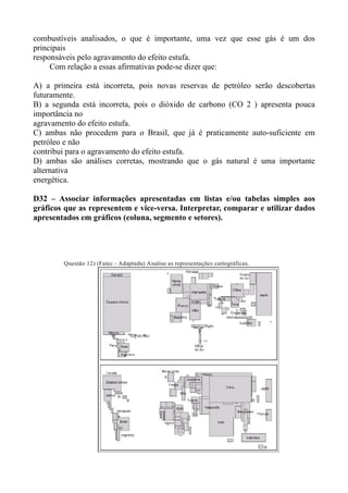 combustíveis analisados, o que é importante, uma vez que esse gás é um dos
principais
responsáveis pelo agravamento do efeito estufa.
     Com relação a essas afirmativas pode-se dizer que:

A) a primeira está incorreta, pois novas reservas de petróleo serão descobertas
futuramente.
B) a segunda está incorreta, pois o dióxido de carbono (CO 2 ) apresenta pouca
importância no
agravamento do efeito estufa.
C) ambas não procedem para o Brasil, que já é praticamente auto-suficiente em
petróleo e não
contribui para o agravamento do efeito estufa.
D) ambas são análises corretas, mostrando que o gás natural é uma importante
alternativa
energética.

D32 – Associar informações apresentadas em listas e/ou tabelas simples aos
gráficos que as representem e vice-versa. Interpretar, comparar e utilizar dados
apresentados em gráficos (coluna, segmento e setores).
 