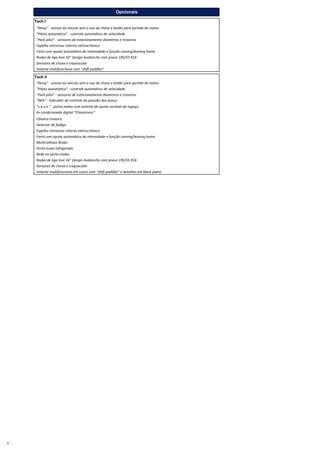 Tech I
. "Kessy" - acesso ao veículo sem o uso da chave e botão para partída do motor
."Piloto automático" - controle automático de velocidade
. "Park pilot" ‐ sensores de estacionamento dianteiros e traseiros
. Espelho retrovisor interno eletrocrômico
. Farol com ajuste automático de intensidade e função coming/leaving home
. Rodas de liga leve 16" Design Avalanche com pneus 195/55 R16
. Sensores de chuva e crepuscular
. Volante multifuncional com "shift paddles"
Tech II
. "Kessy" - acesso ao veículo sem o uso da chave e botão para partída do motor
."Piloto automático" - controle automático de velocidade
. "Park pilot" ‐ sensores de estacionamento dianteiros e traseiros
. "RKA" ‐ Indicador de controle da pressão dos pneus
. “s.a.v.e.” ‐ porta‐malas com sistema de ajuste variável de espaço
. Ar‐condicionado digital “Climatronic”
. Câmera traseira
. Detector de fadiga
. Espelho retrovisor interno eletrocrômico
. Farol com ajuste automático de intensidade e função coming/leaving home
. Multicollision Brake
. Porta-luvas refrigerado
. Rede no porta-malas
. Rodas de liga leve 16" Design Avalanche com pneus 195/55 R16
. Sensores de chuva e crepuscular
. Volante multifuncional em couro com "shift paddles" e detalhes em black piano
Opcionais
4
 
