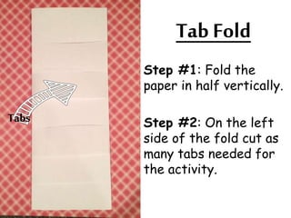 Tab Fold 
Step #1: Fold the 
paper in half vertically. 
Step #2: On the left 
side of the fold cut as 
many tabs needed for 
the activity. 
Tabs 
 