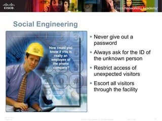 Social Engineering
                                            Never give out a
                                             password
                                            Always ask for the ID of
                                             the unknown person
                                            Restrict access of
                                             unexpected visitors
                                            Escort all visitors
                                             through the facility




ITE PC v4.0
Chapter 9                      © 2007 Cisco Systems, Inc. All rights reserved.   Cisco Public   12
 
