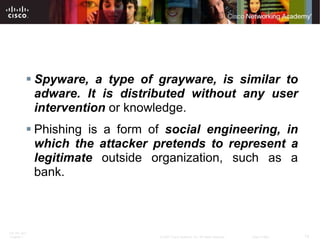  Spyware, a type of grayware, is similar to
            adware. It is distributed without any user
            intervention or knowledge.
           Phishing is a form of social engineering, in
            which the attacker pretends to represent a
            legitimate outside organization, such as a
            bank.



ITE PC v4.0
Chapter 1                       © 2007 Cisco Systems, Inc. All rights reserved.   Cisco Public   12
 