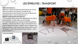 LES ÉPREUVES : TRANSPORT
Nature de l’épreuve :
L’épreuve Transport combine les performances de suivi de
ligne des robots et leur faculté à transporter des
composants de la zone tokamak à la zone de dépose des
composants dite « zone de maintenance ».
Objectif et déroulement de l’épreuve :
La première étape concerne le déplacement du robot à
vide (mobilité) : un aller-retour en suivi de ligne.
La seconde étape est un exercice de télémanipulations
multiples – incluant des allez et retours chronométrés de la
prise et dépose de briques : objectif: prise et déposes de 5
briques maximum : prise d’une brique, dépose dans la zone
de dépose + prise d’une seconde brique, dépose + prise
d’une troisième (…).
 