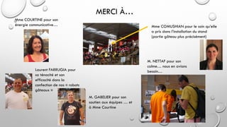 MERCI À…
Mme COURTINE pour son
énergie communicative… Mme COMUSHIAN pour le soin qu’elle
a pris dans l’installation du stand
(partie gâteau plus précisément)
Laurent FARRUGIA pour
sa ténacité et son
efficacité dans la
confection de nos « robots
gâteaux »
M. NETTAF pour son
calme… nous en avions
besoin…
M. GABELIER pour son
soutien aux équipes … et
à Mme Courtine
 