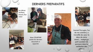 DERNIERS PREPARATIFS
Mme COURTINE
pointe les derniers
documents à
apporter
Laurent Farrugia, l’un
de nos cuisiniers, a
travaillé dur pour la
déco de notre
stand… malgré un
petit accident de
parcours dans la
confection des
gâteau
Les élèves
vérifient,
encore, leur
robot
 