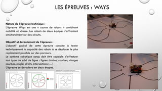 LES ÉPREUVES : WAYS
Nature de l’épreuve technique :
L’épreuve Ways est une « course de robots » combinant
mobilité et vitesse. Les robots de deux équipes s’affrontent
simultanément sur des circuits.
Objectif et déroulement de l’épreuve :
L’objectif global de cette épreuve consiste à tester
techniquement la capacité des robots à se déplacer le plus
rapidement possible sur des parcours.
Le système robotique conçu doit être capable d’effectuer
tout type de suivi de ligne : lignes droites, courbes, virages
courbes, angles droits, intersections (…)
L’épreuve se déroulera en deux étapes.
 