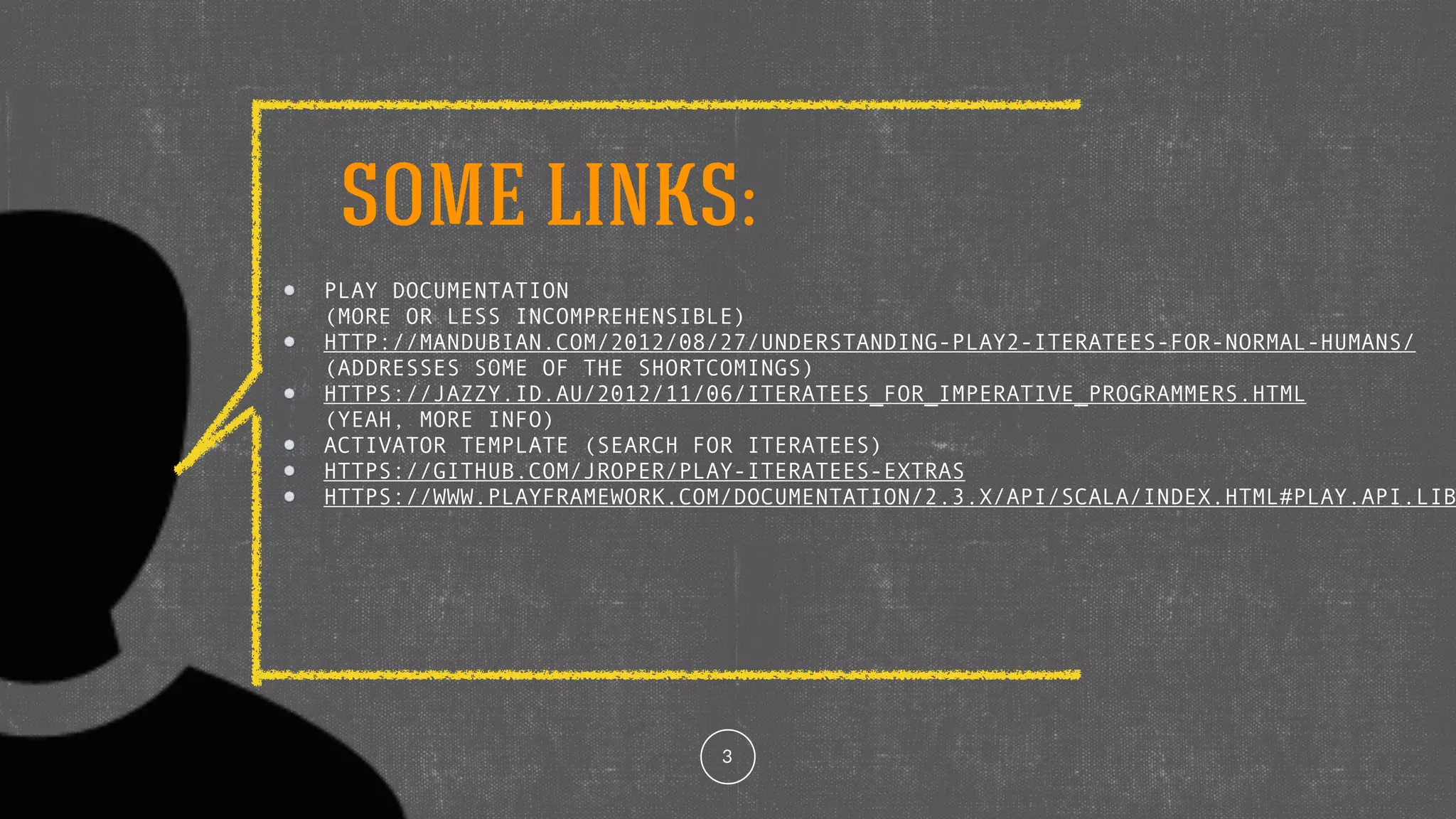 SOME LINKS: 
PLAY DOCUMENTATION 
(MORE OR LESS INCOMPREHENSIBLE) 
HTTP://MANDUBIAN.COM/2012/08/27/UNDERSTANDING-PLAY2-ITERATEES-FOR-NORMAL-HUMANS/ 
(ADDRESSES SOME OF THE SHORTCOMINGS) 
HTTPS://JAZZY.ID.AU/2012/11/06/ITERATEES_FOR_IMPERATIVE_PROGRAMMERS.HTML 
(YEAH, MORE INFO) 
ACTIVATOR TEMPLATE (SEARCH FOR ITERATEES) 
HTTPS://GITHUB.COM/JROPER/PLAY-ITERATEES-EXTRAS 
HTTPS://WWW.PLAYFRAMEWORK.COM/DOCUMENTATION/2.3.X/API/SCALA/INDEX.HTML#PLAY.API.LIBS.3 
 