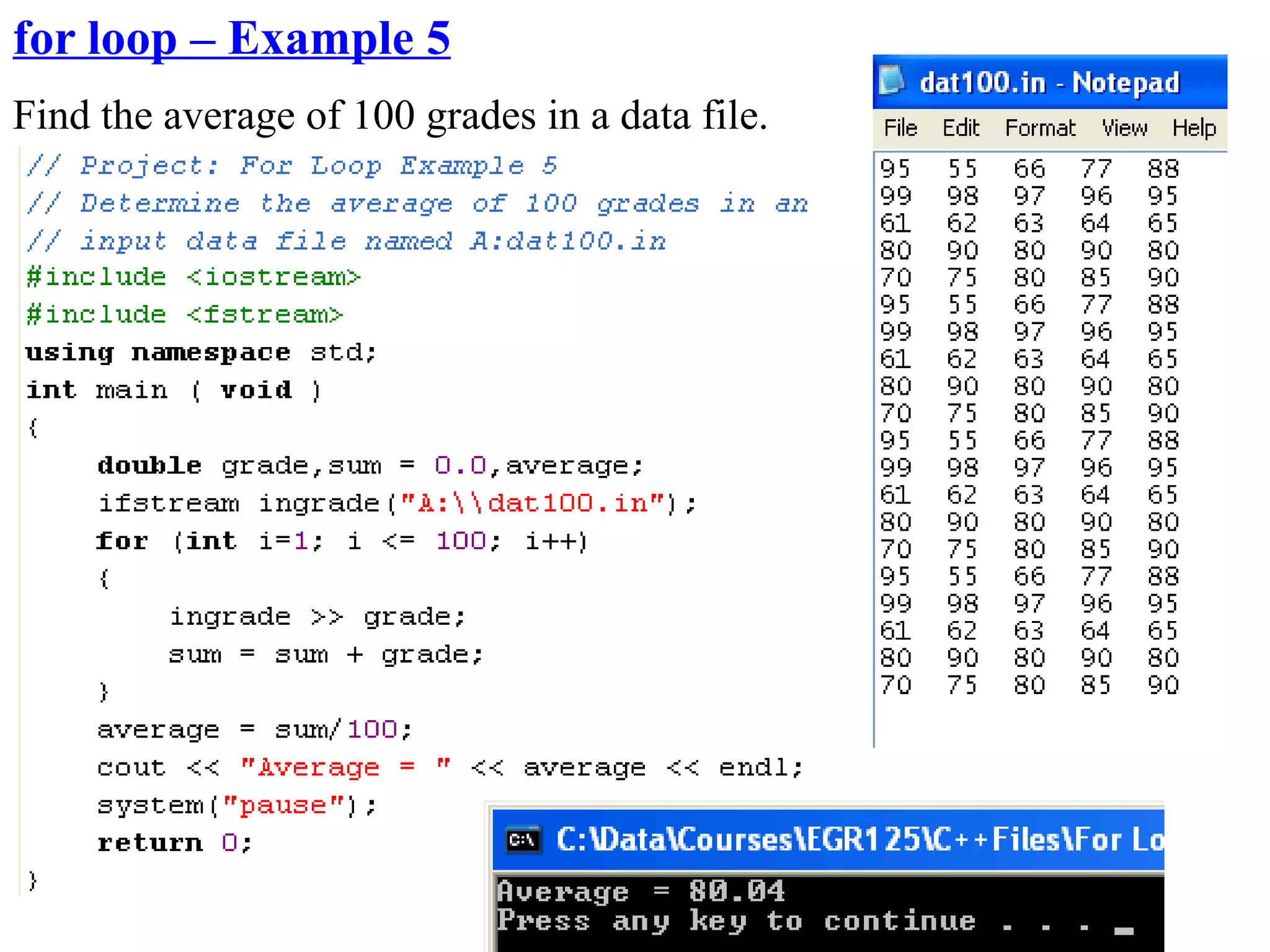 for loop – Example 5
Find the average of 100 grades in a data file.
 