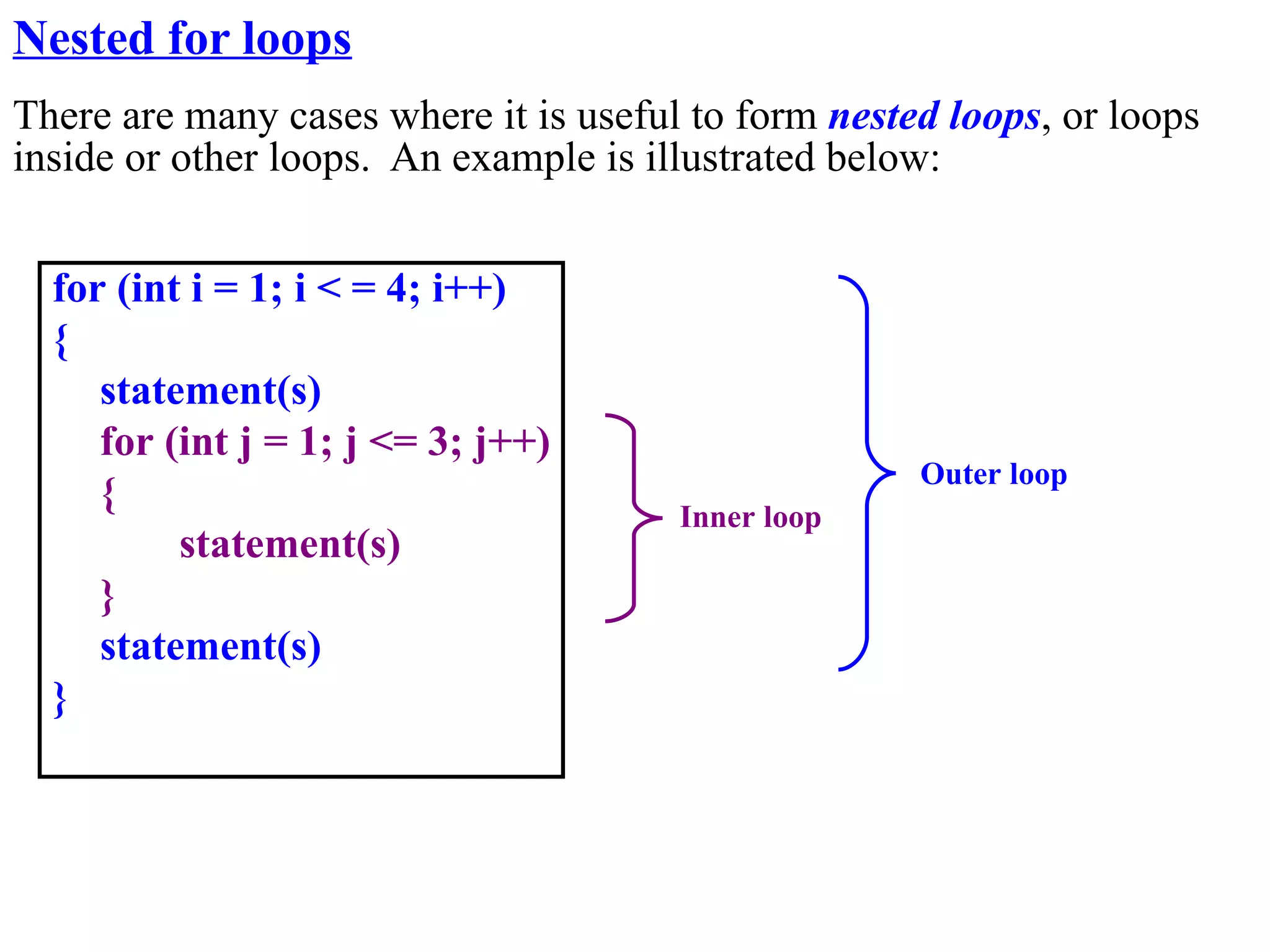 Nested for loops
There are many cases where it is useful to form nested loops, or loops
inside or other loops. An example is illustrated below:


  for (int i = 1; i < = 4; i++)
  {
     statement(s)
     for (int j = 1; j <= 3; j++)
                                                     Outer loop
     {                                 Inner loop
          statement(s)
     }
     statement(s)
  }
 