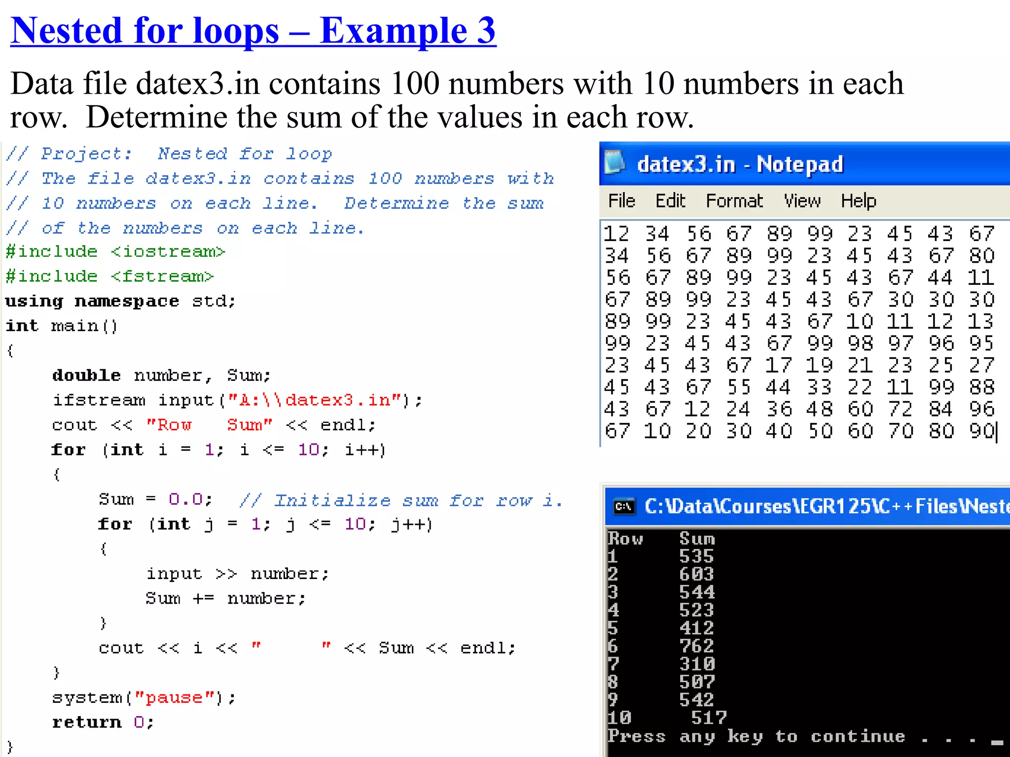 Nested for loops – Example 3
Data file datex3.in contains 100 numbers with 10 numbers in each
row. Determine the sum of the values in each row.
 