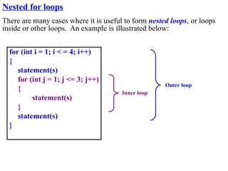 Nested for loops
There are many cases where it is useful to form nested loops, or loops
inside or other loops. An example is illustrated below:


  for (int i = 1; i < = 4; i++)
  {
     statement(s)
     for (int j = 1; j <= 3; j++)
                                                     Outer loop
     {                                 Inner loop
          statement(s)
     }
     statement(s)
  }
 