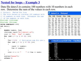 Nested for loops – Example 3
Data file datex3.in contains 100 numbers with 10 numbers in each
row. Determine the sum of the values in each row.
 