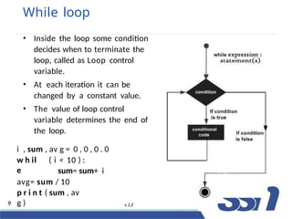 While loop
• Inside the loop some condition
decides when to terminate the
loop, called as Loop control
variable.
• At each iteration it can be
changed by a constant value.
• The value of loop control
variable determines the end of
the loop.
i , sum , av g = 0 , 0 , 0 . 0
w h il
e
( i < 10 ) :
sum= sum+ i
avg= sum / 10
p r i n t ( sum , av
g )
2022
9 v 1.2
9 / 38
 