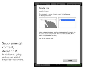 Supplemental
content,
iteration 2
In addition to going
vertical, we added
simpliﬁed illustrations.
 