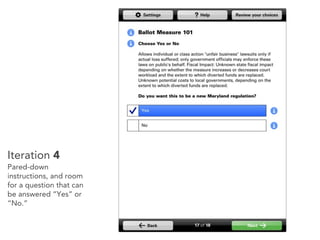 Iteration 4
Pared-down
instructions, and room
for a question that can
be answered “Yes” or
“No.”
 