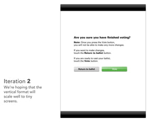 Iteration 2
We’re hoping that the
vertical format will
scale well to tiny
screens.
 