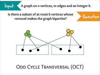 Input

A graph on n vertices, m edges and an integer k.

Is there a subset of at most k vertices whose
removal makes the graph bipartite?

Question

Odd Cycle Transversal (OCT)

 