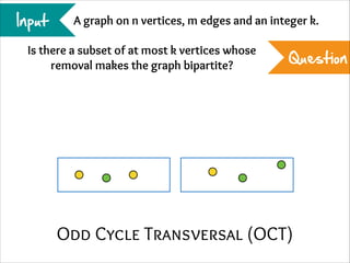 Input

A graph on n vertices, m edges and an integer k.

Is there a subset of at most k vertices whose
removal makes the graph bipartite?

Question

Odd Cycle Transversal (OCT)

 