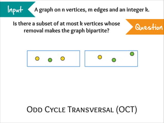 Input

A graph on n vertices, m edges and an integer k.

Is there a subset of at most k vertices whose
removal makes the graph bipartite?

Question

Odd Cycle Transversal (OCT)

 